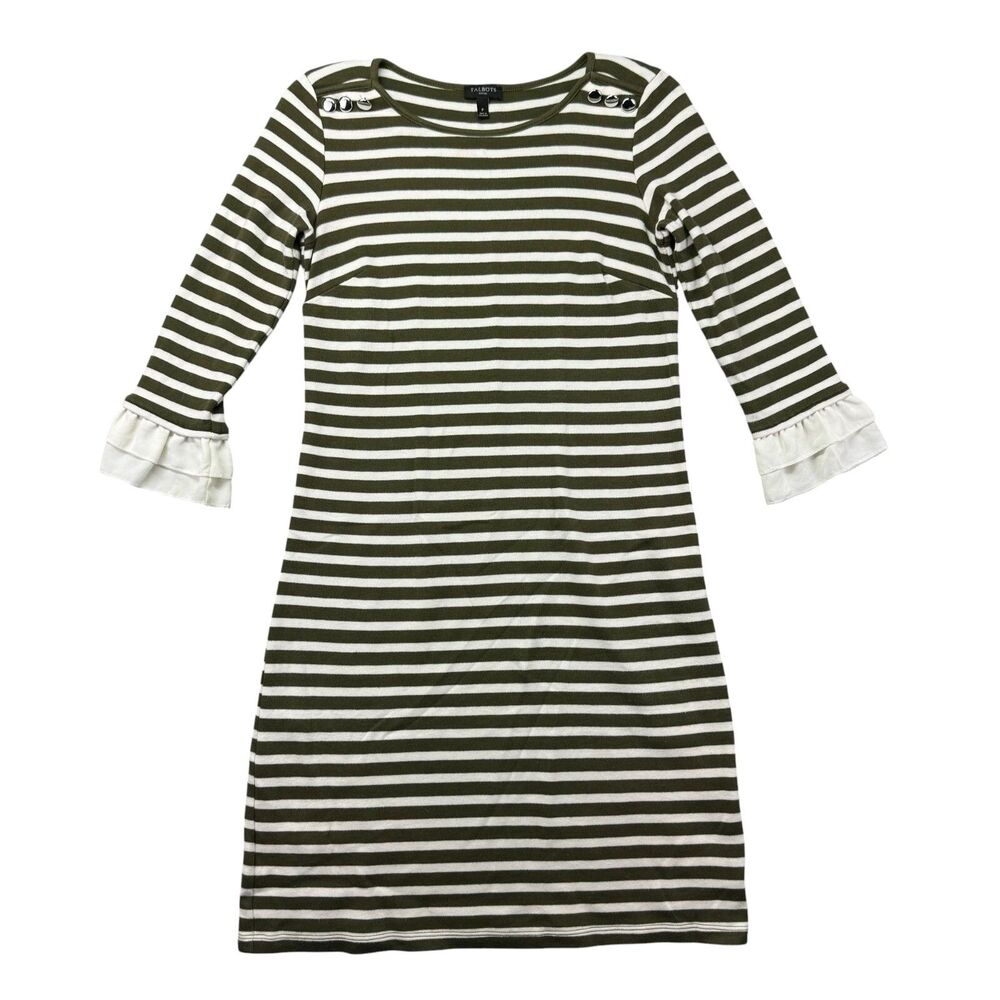 Talbots Dress Women's Size P Green White Striped Cotton Bell Sleeve Career Top